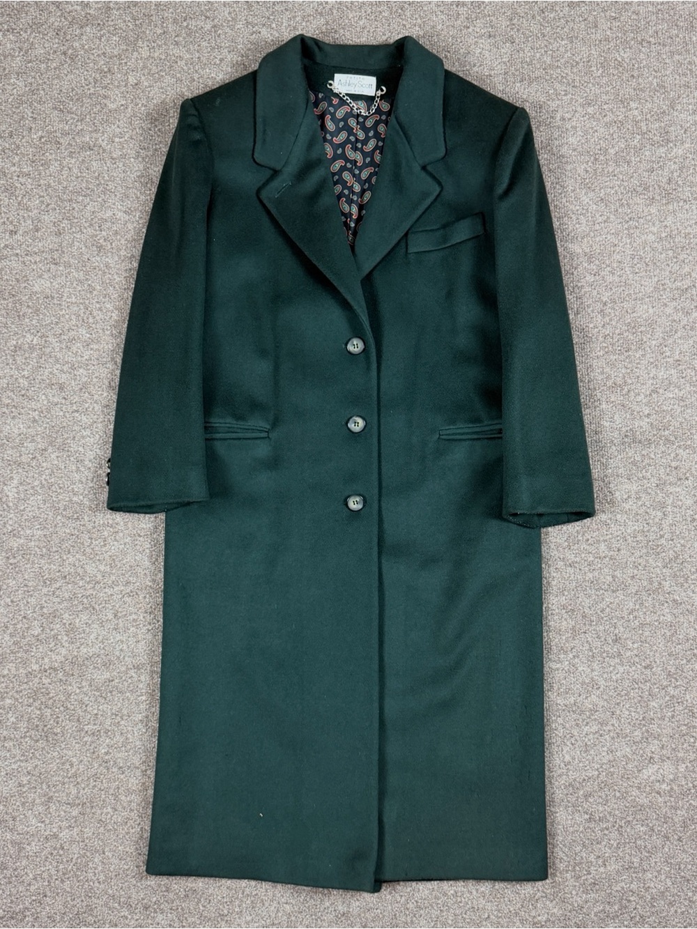 Vintage Ashley Scott Green Long Wool Coat Women’s M Paisley Lined Overcoat 90s